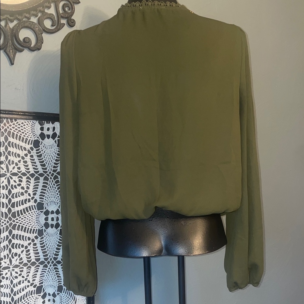 Francesca's Collections Olive Lace-Trim Surplice Top - Picture 4 of 5